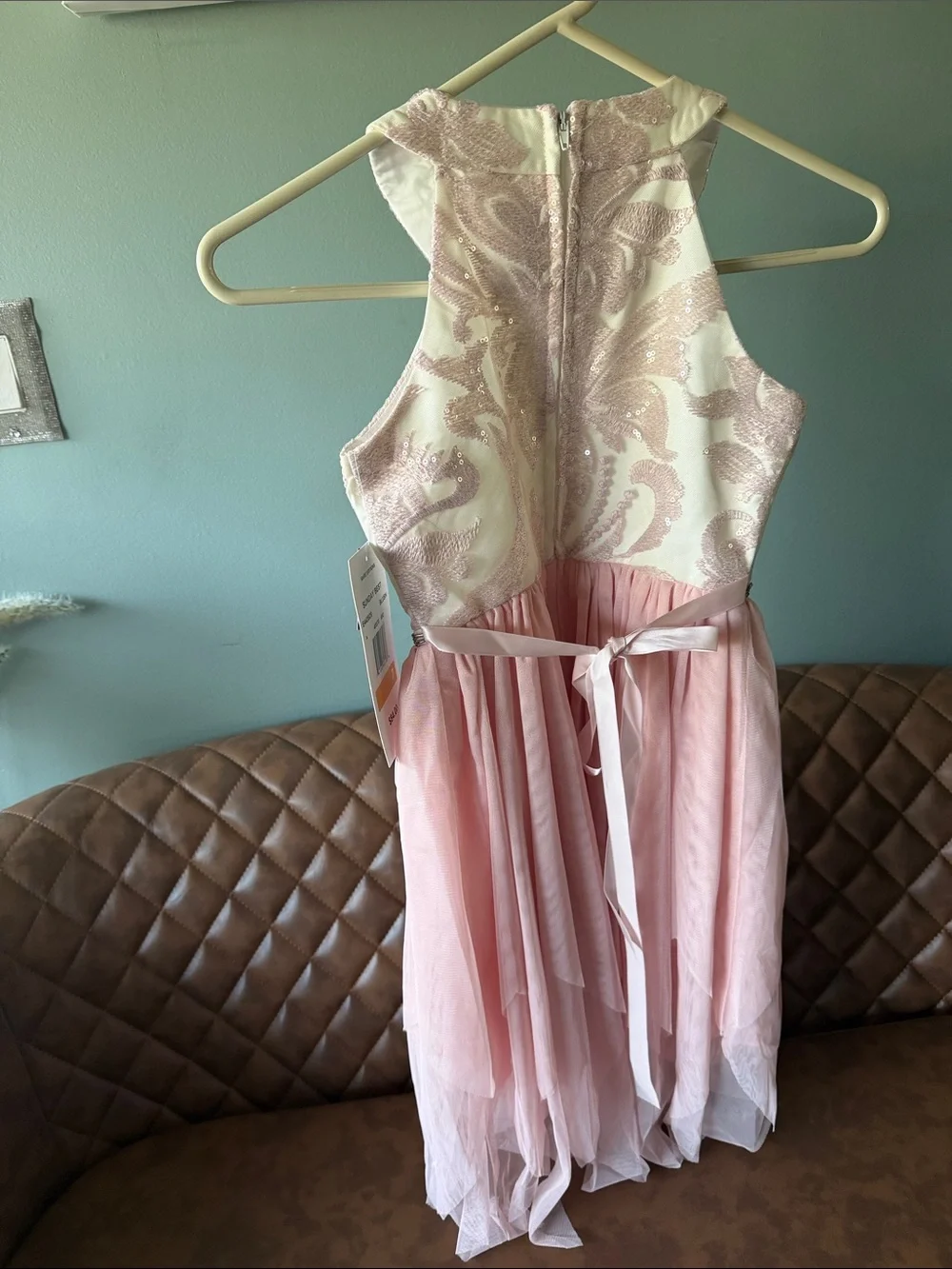 Macy's Pink and Ivory Embroidered Halter Tulle Party Dress